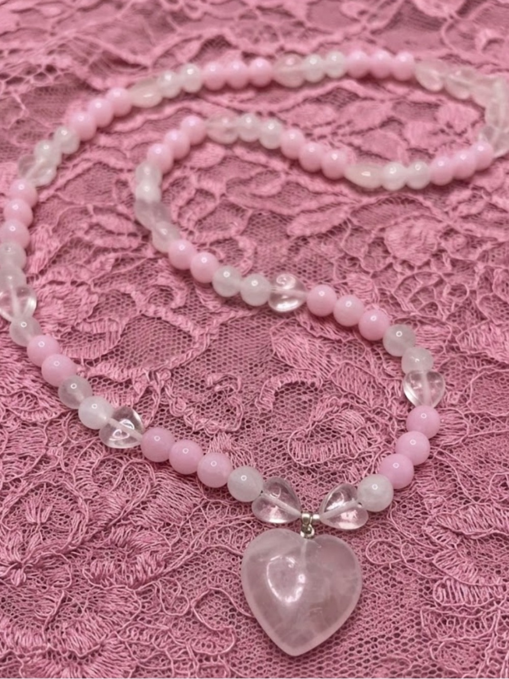 Frosted Rose Candy Necklace (Candy Pink Glass, Rose Quartz, White Jade)